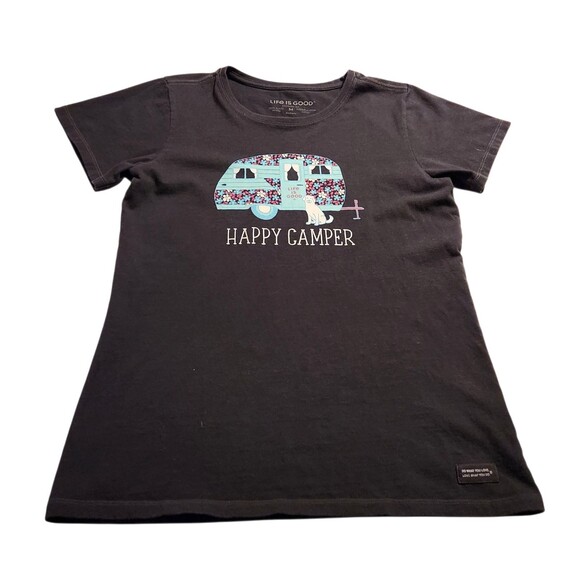 Life Is Good Crusher Tee Shirt Short Sleeve Black HAPPY CAMPER Dog Womens Size M - Picture 1 of 6